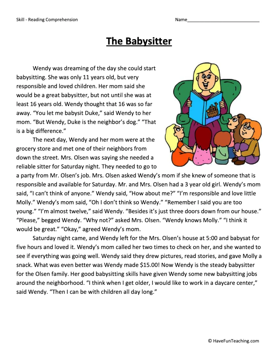 Reading passage about 11-year-old Wendy's first babysitting job caring for her neighbors' daughter Molly.