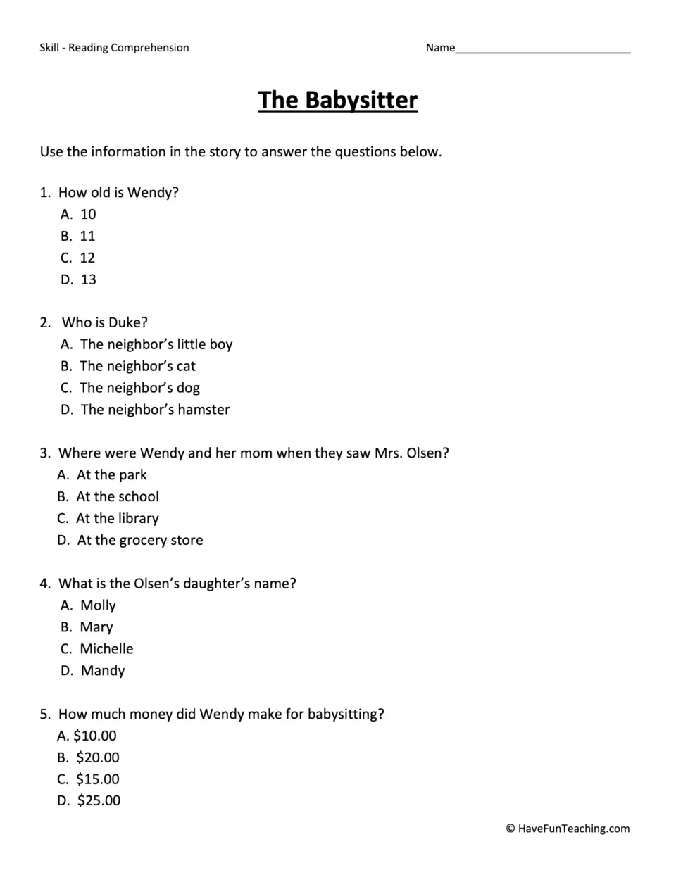Five multiple-choice questions about Wendy's age, Duke, Mrs. Olsen, Molly, and her babysitting earnings.