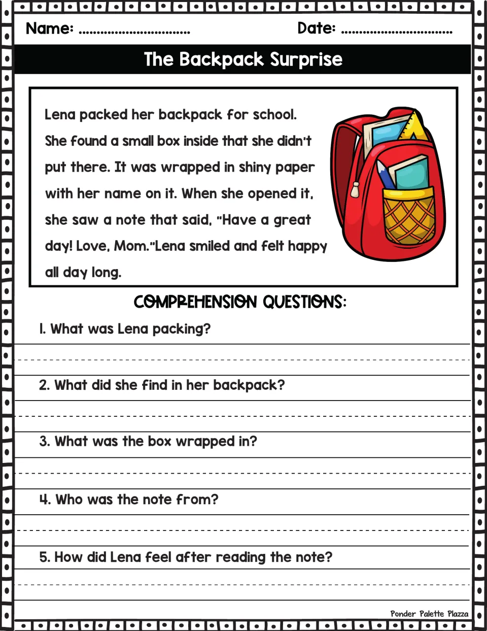 Reading comprehension: students read about Lena's surprise box from Mom in her backpack and answer 5 short questions