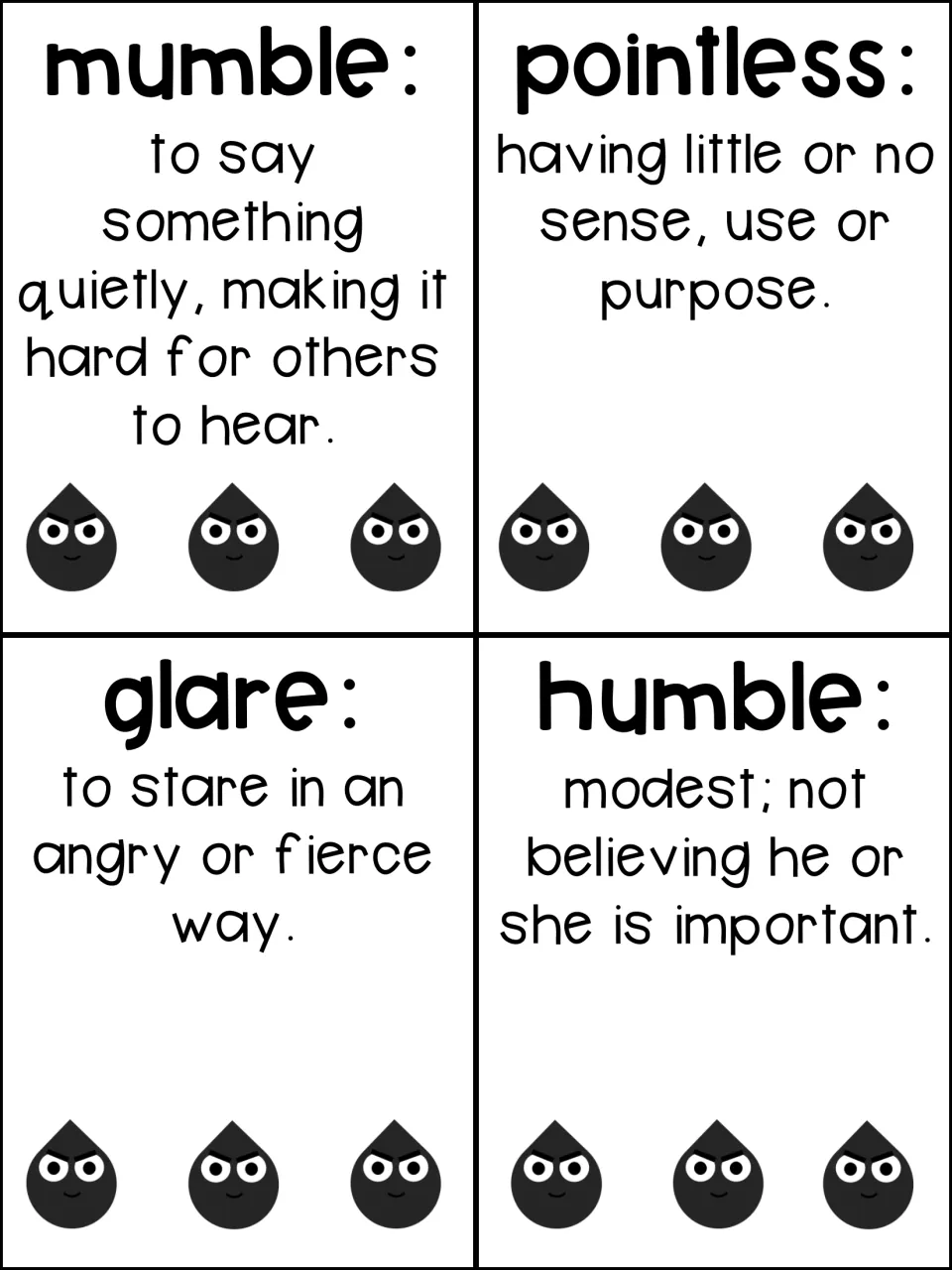 Vocabulary cards for mumble, pointless, glare and humble, each giving the word's definition beside frowning seed art