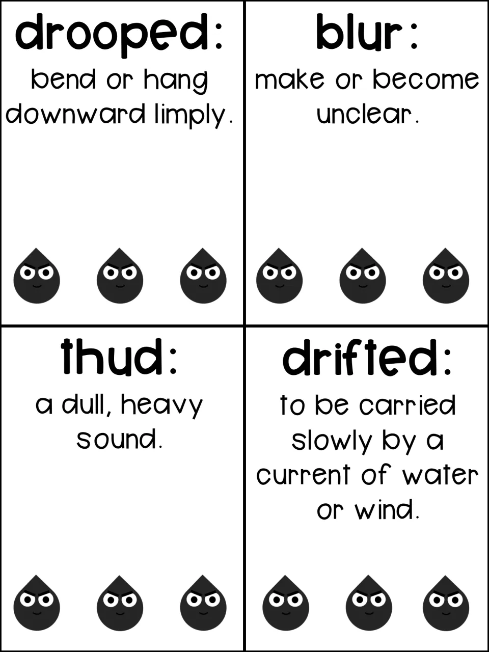 Vocabulary cards for drooped, blur, thud and drifted, each pairing the word with a short definition and seed art