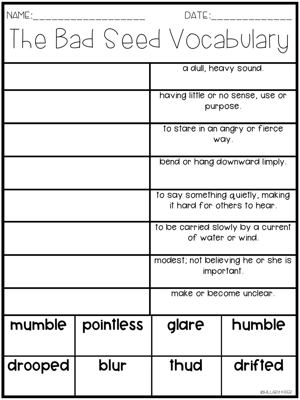 Vocabulary matching: students write mumble, glare, blur and five other story words beside the matching definitions