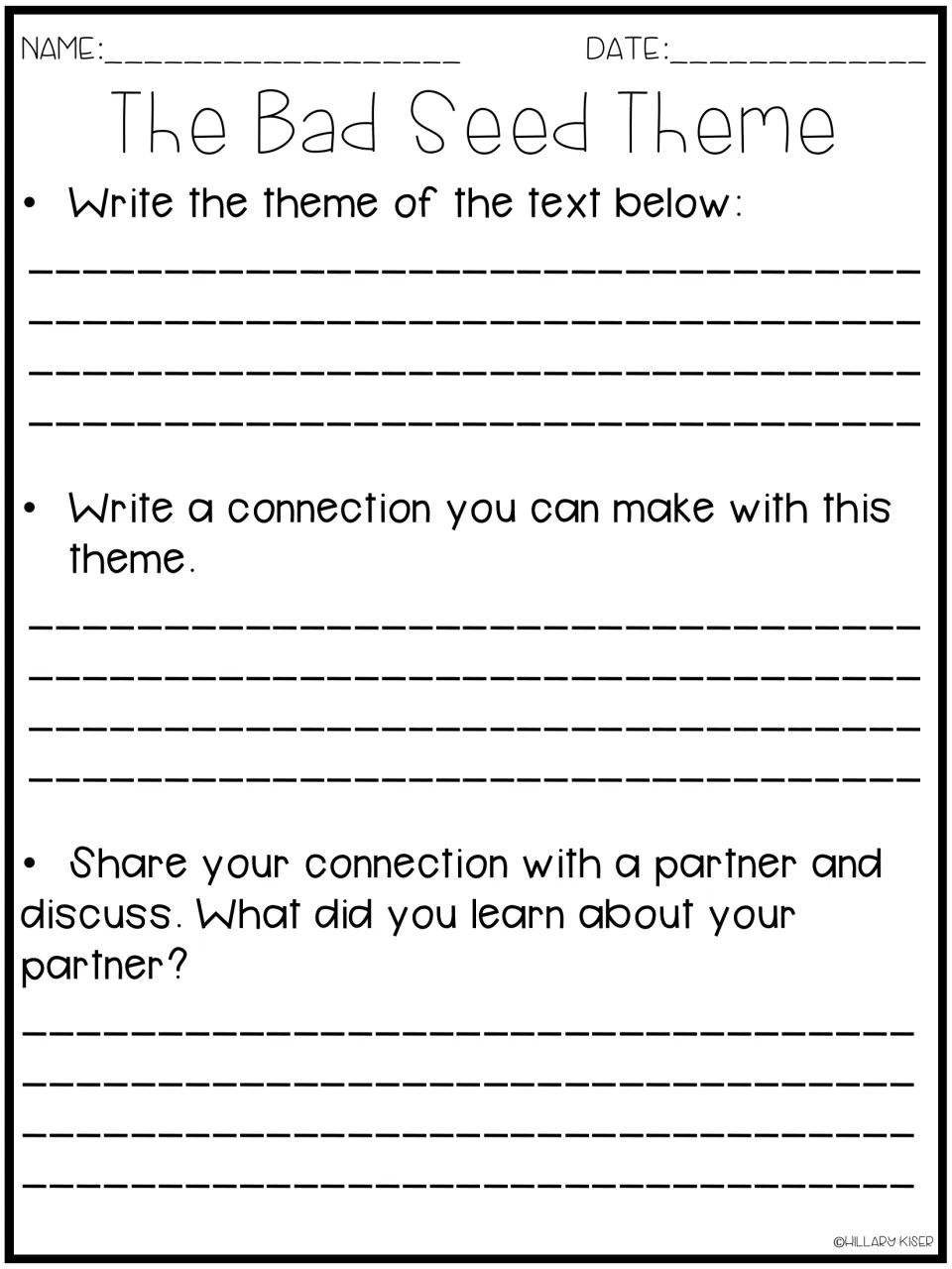 Theme response: students write the story's theme, a personal connection to it, and what they learned from a partner