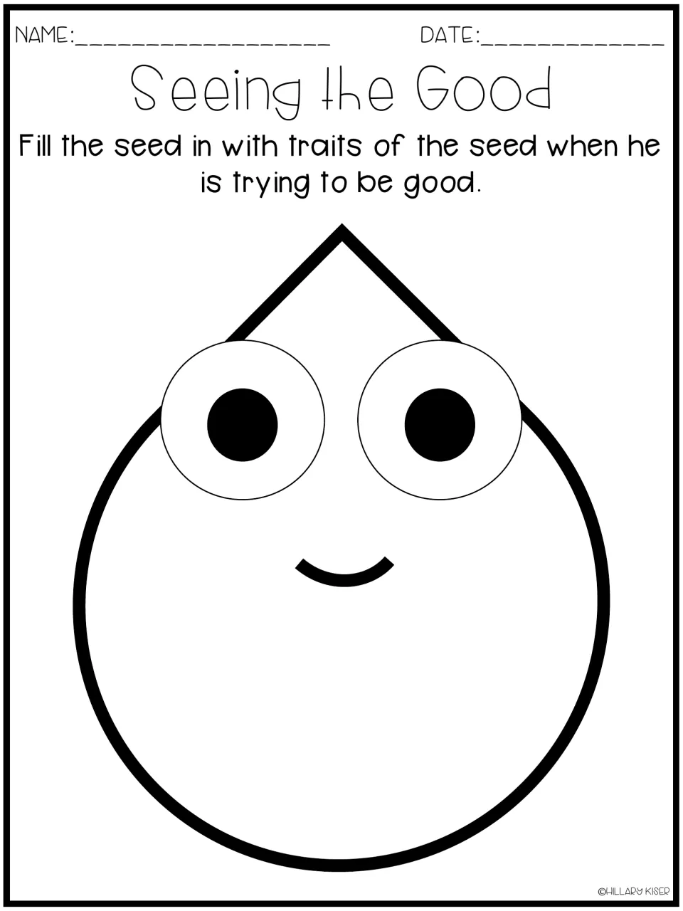 Seeing the Good character traits: students fill a large smiling seed with traits he shows while trying to be good