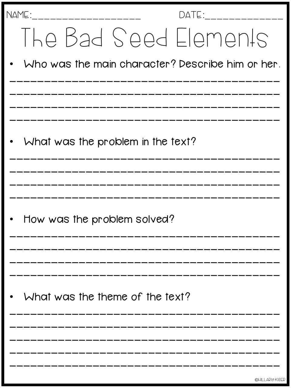 Story elements: students describe the main character, the problem and how it was solved, then state the theme