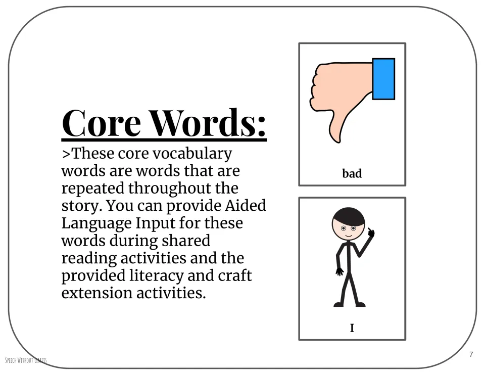 Core vocabulary cards for bad and I, with guidance on aided language input during reading and extension activities