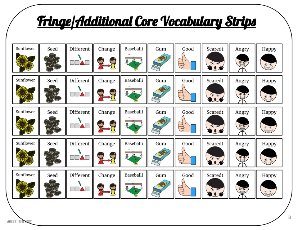 Five repeated vocabulary strips, each showing sunflower, seed, different, change, and six more pictured words