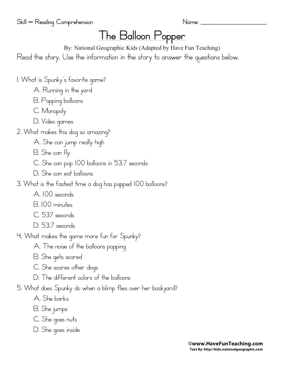 Five multiple-choice questions about Spunky's favorite game, balloon-popping time, and reaction to a blimp.