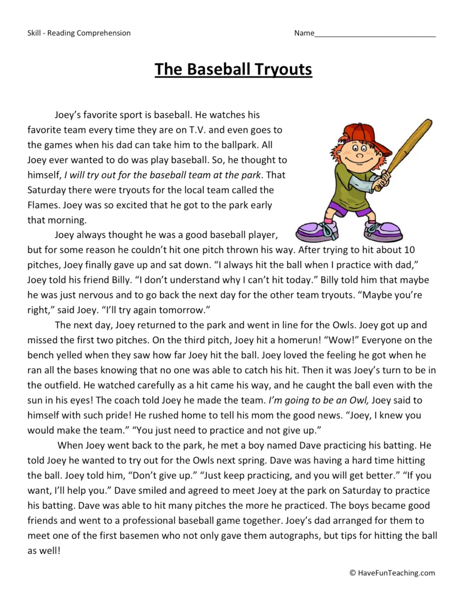 Reading passage about Joey's baseball tryouts, making the Owls team, and helping Dave practice his batting.