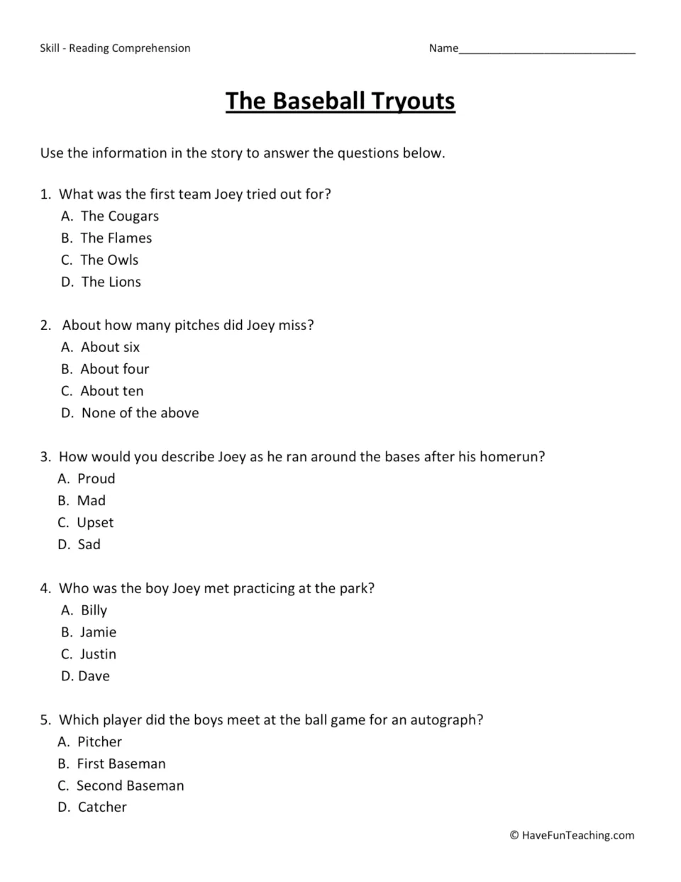 Five multiple-choice questions about Joey's first team, missed pitches, feelings, friend, and autograph.