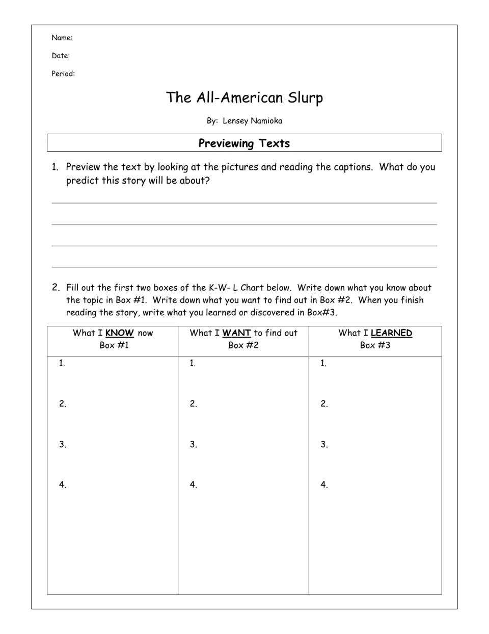 Reading packet opener asks students to predict the story and record what they know, want to know, and learn.
