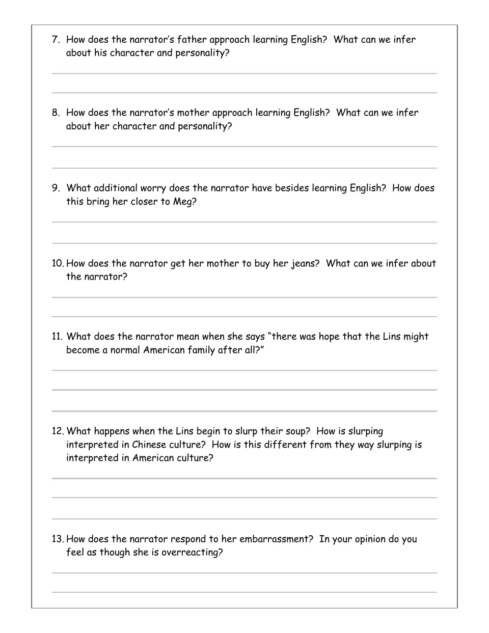 Reading questions 7–13 explore learning English, buying jeans, soup slurping, and the narrator's embarrassment.
