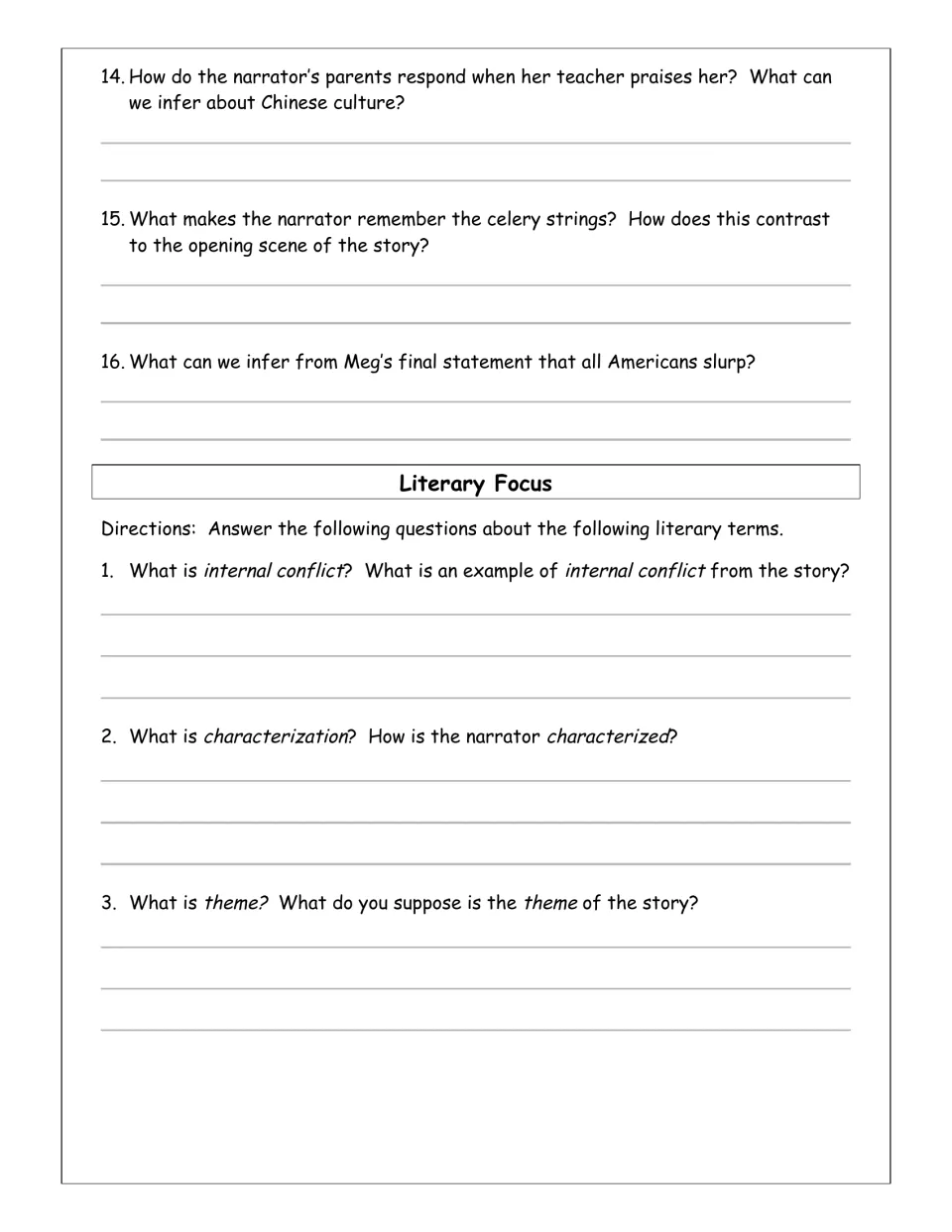 Reading questions 14–16 conclude the story review, followed by internal conflict, characterization, and theme.
