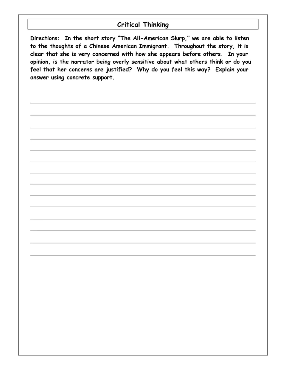 Critical thinking prompt asks whether the narrator's concerns about others' opinions are justified and why.