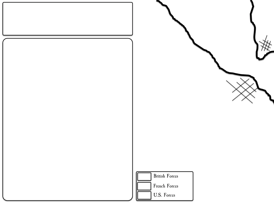 Left piece of a two-page Yorktown map: blank title space, large summary space and a British, French and U.S. forces key