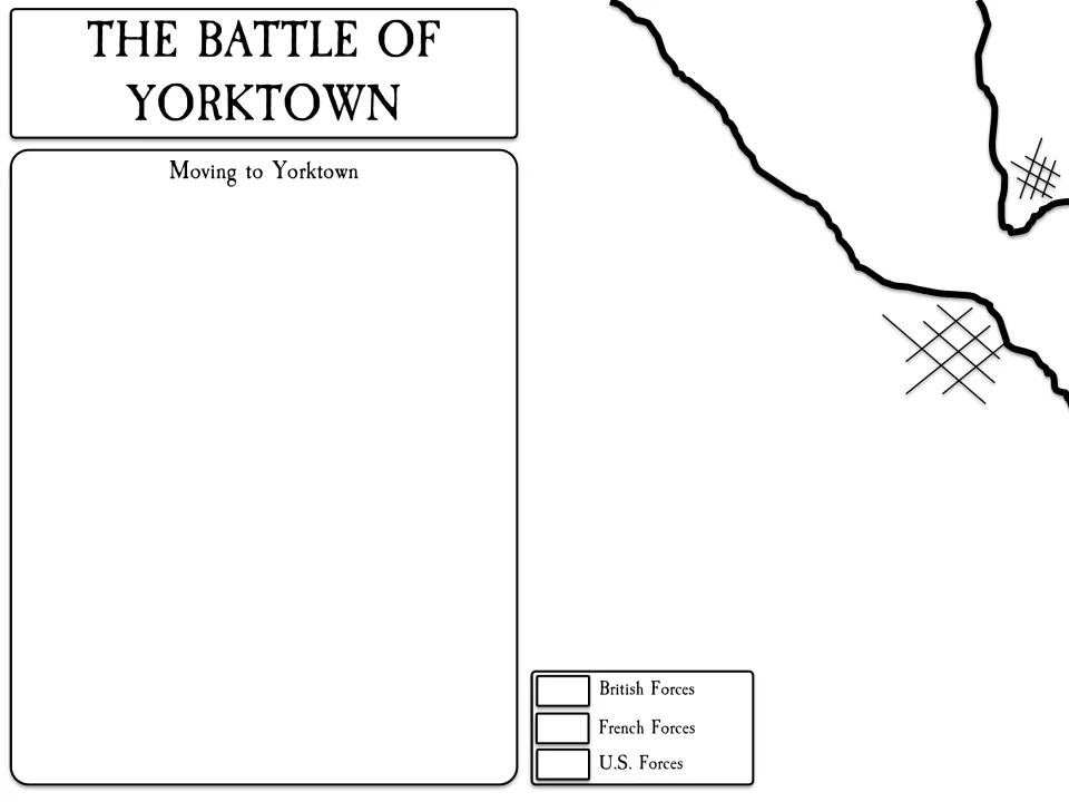 Left piece of the headed two-page Yorktown map: battle title, Moving to Yorktown summary space and forces key