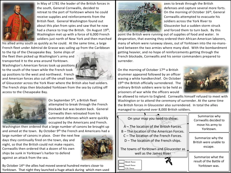 Siege of Yorktown 1781 reading with paintings, then a map task: mark British, American, French forces and French ships