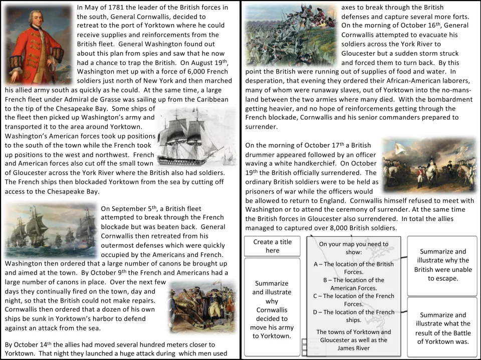 Yorktown 1781 reading plus a map task where students create a title and summarize and illustrate each stage of the siege