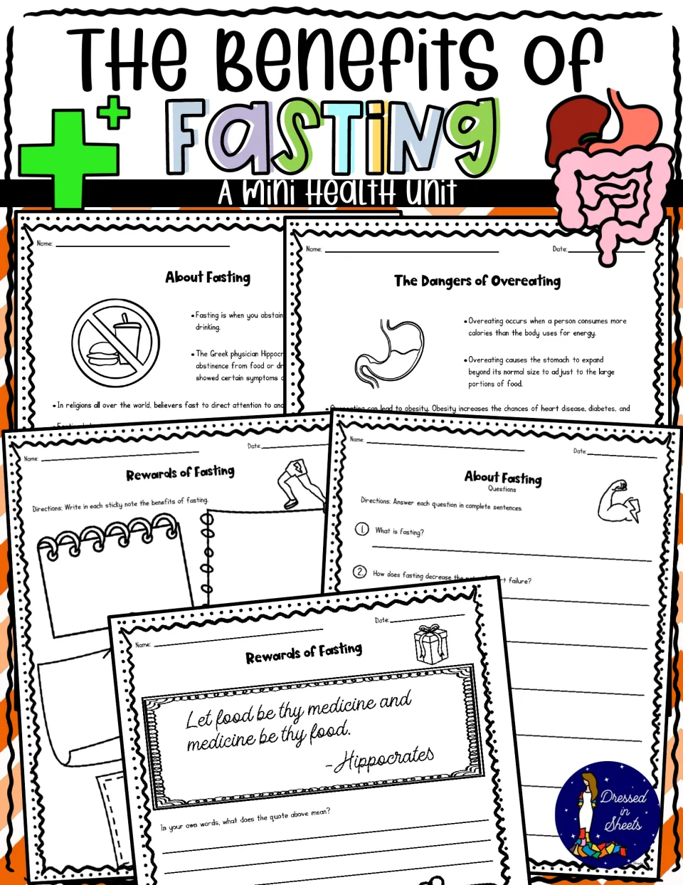The Benefits of Fasting, a mini health unit: cover previews About Fasting, Dangers of Overeating and quote pages