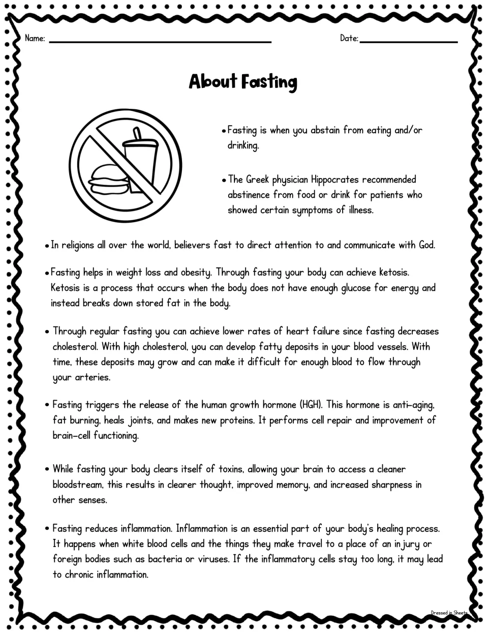 About Fasting reading: students read facts on Hippocrates, ketosis, cholesterol, growth hormone (HGH) and inflammation
