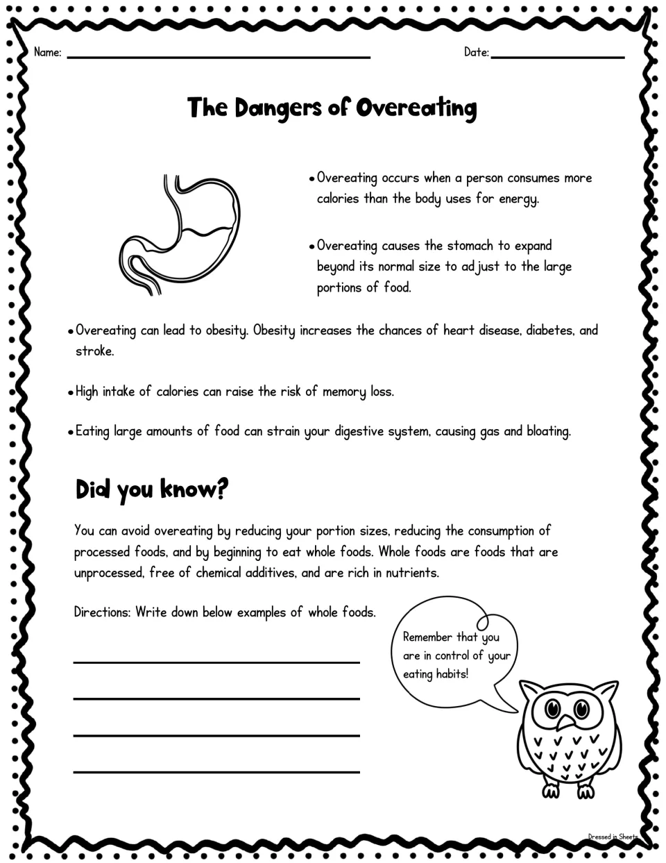 The Dangers of Overeating reading on obesity and digestion, then a Did you know? prompt where students list whole foods