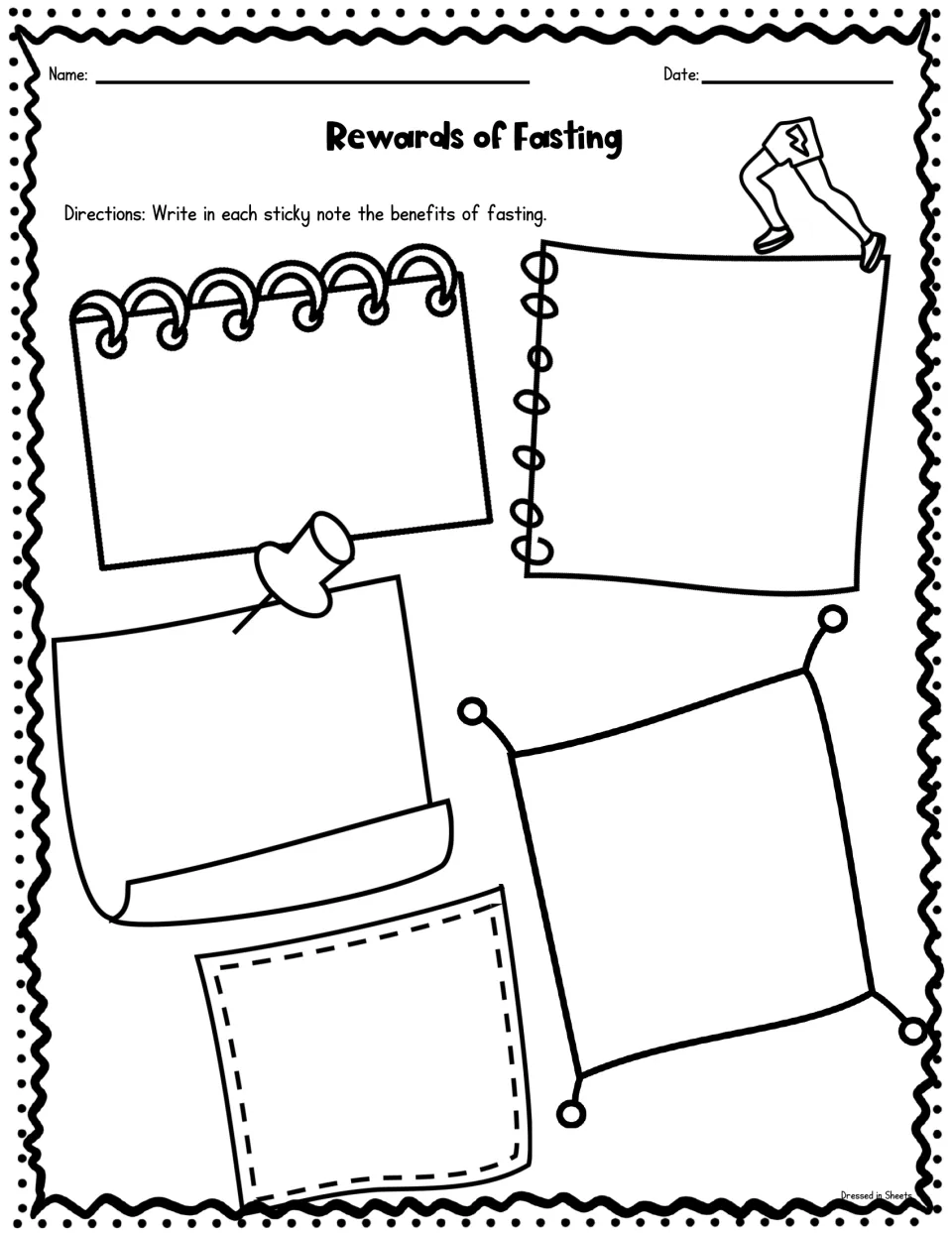 Rewards of Fasting organizer: students write one benefit of fasting from the reading on each of five blank sticky notes