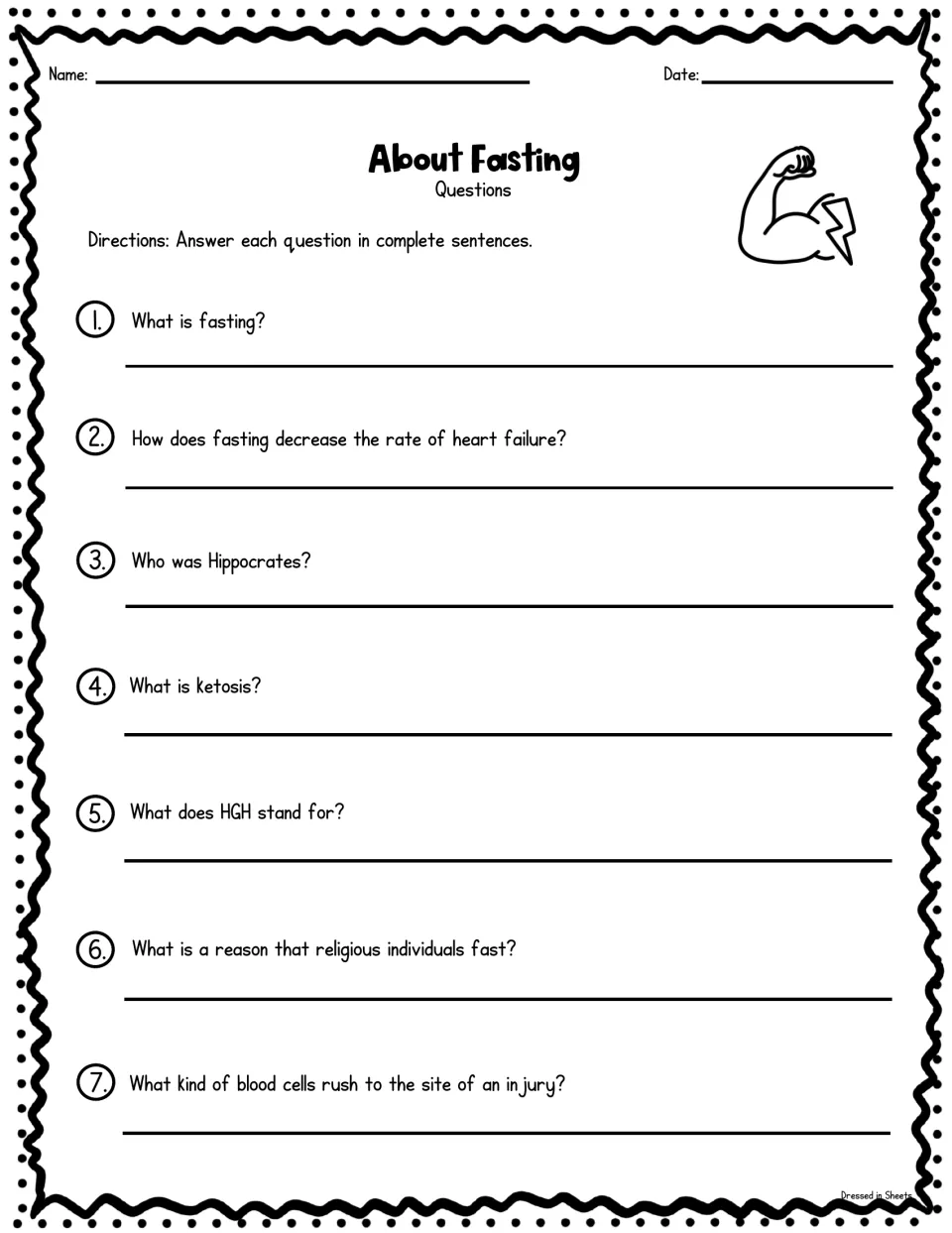 About Fasting comprehension questions: students answer 7 items on ketosis, HGH, Hippocrates and heart failure