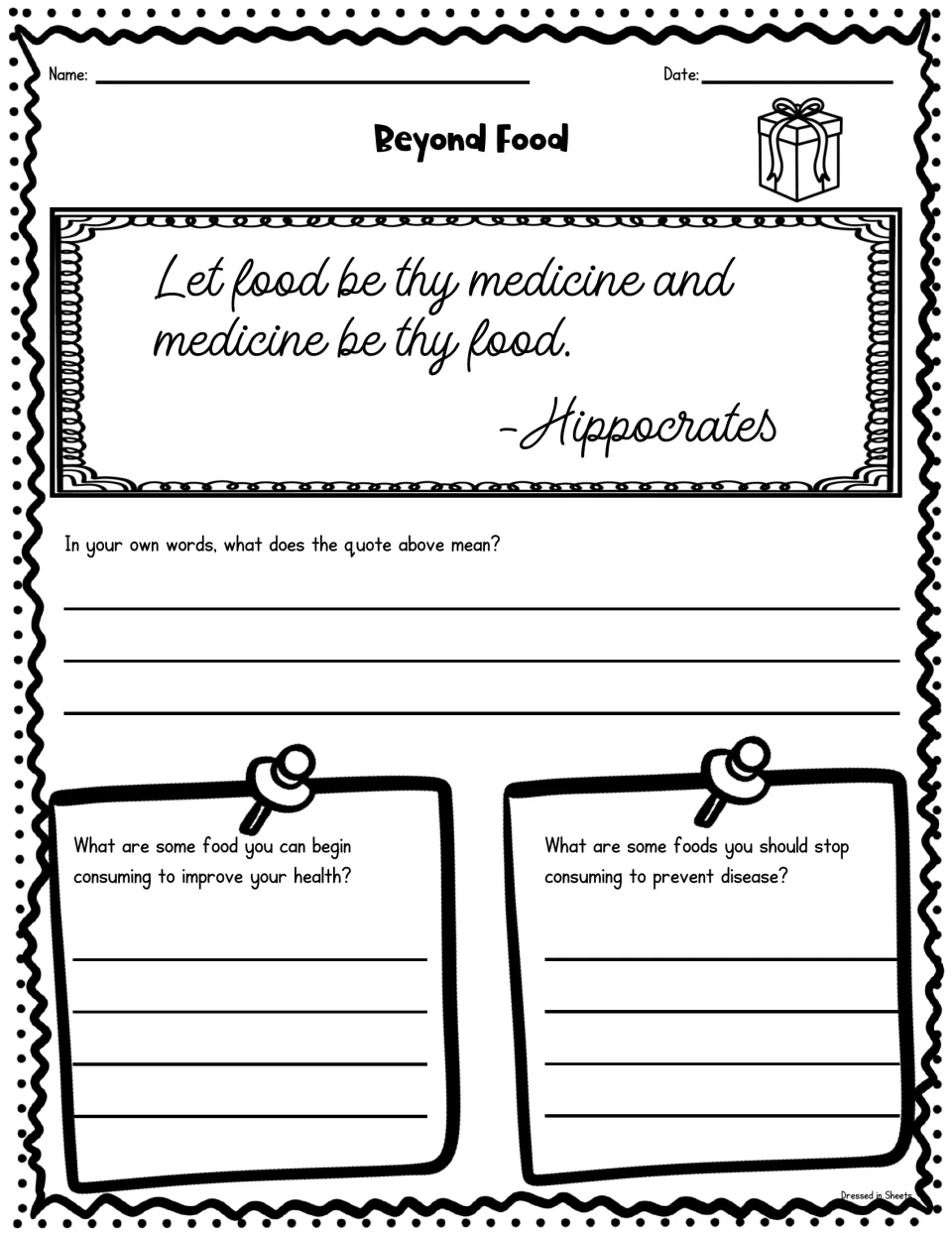 Beyond Food reflection: students explain Hippocrates' quote Let food be thy medicine and list foods to eat and avoid