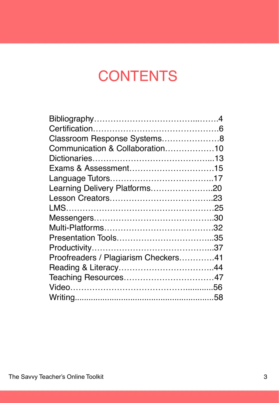 Contents listing 19 tool categories with page numbers, from Bibliography and Dictionaries to Video and Writing