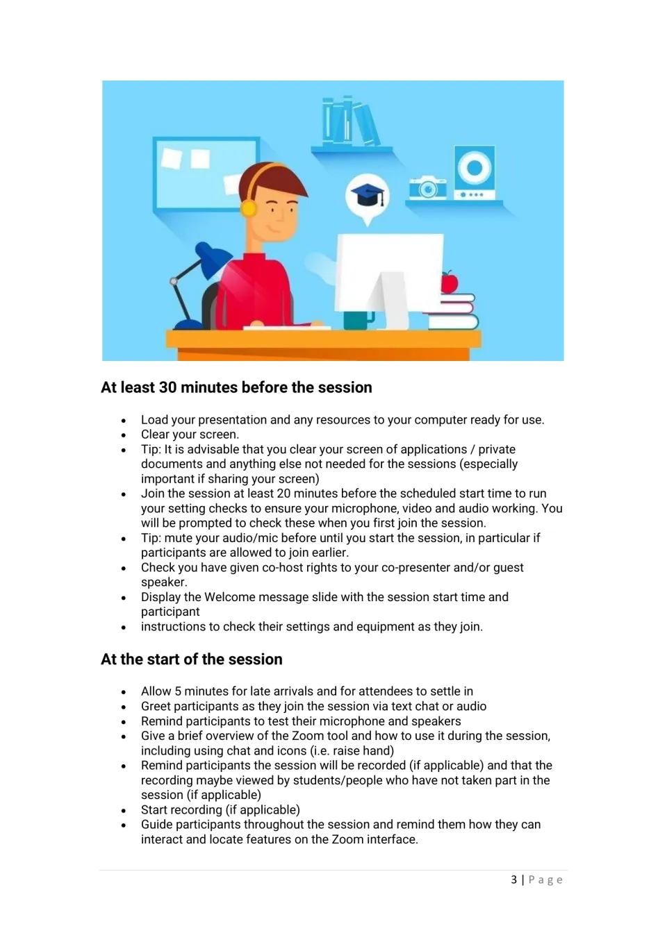 Zoom session timeline: steps 30 minutes before class, like clearing your screen and muting, then how to open the session