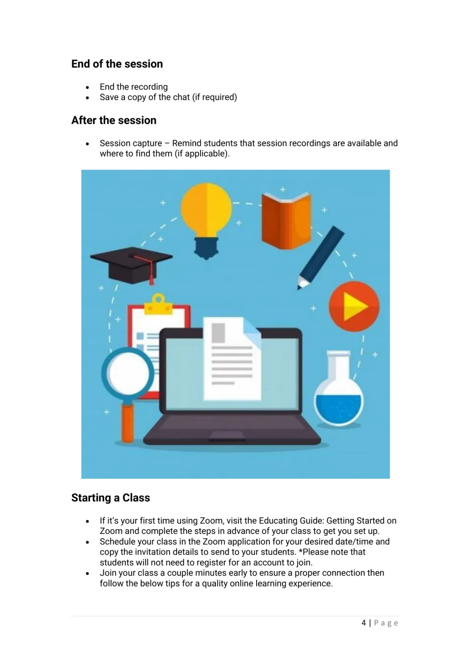 Ending and following up a Zoom session: stop recording, save chat, share recordings, then steps for scheduling a class