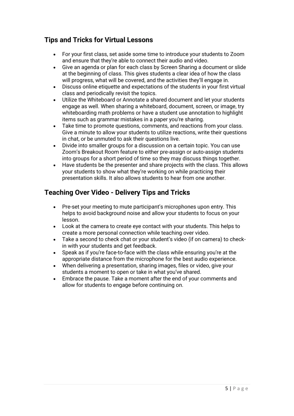 Tips and tricks for virtual lessons: agendas, whiteboard, breakout groups, plus delivery tips like eye contact and pausing