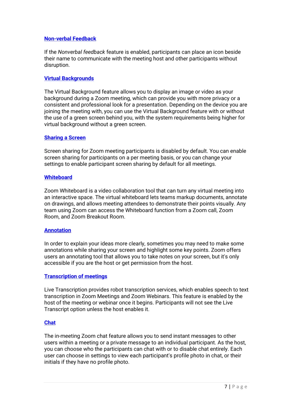 Zoom feature guide: non-verbal feedback, virtual backgrounds, screen sharing, whiteboard, annotation, transcription, chat