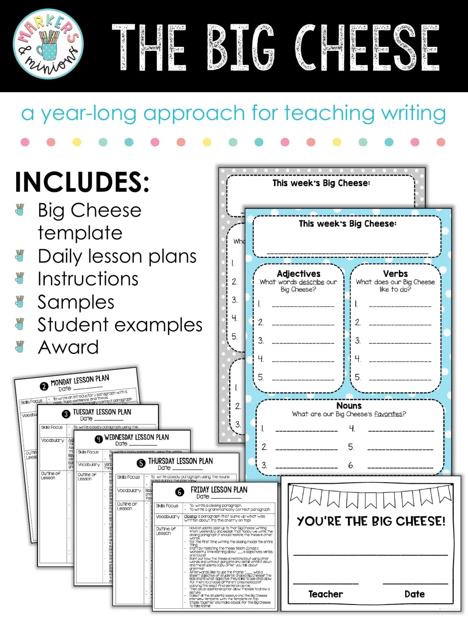 Shared writing bundle cover listing a student interview template, daily lesson plans, samples, and an award