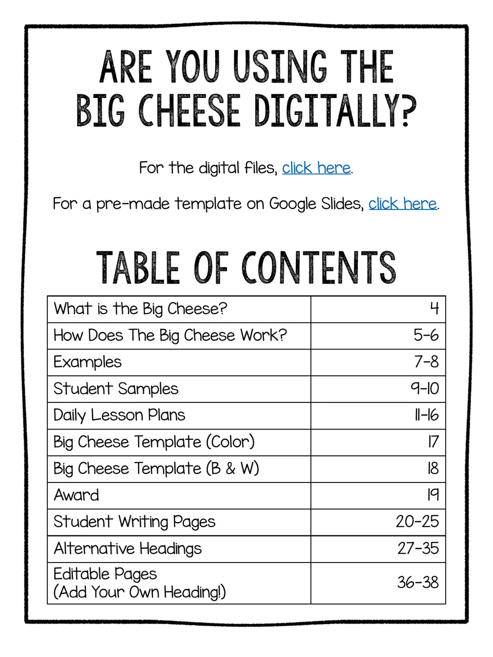 Bundle contents page listing instructions, examples, lesson plans, templates, writing pages, and editable pages