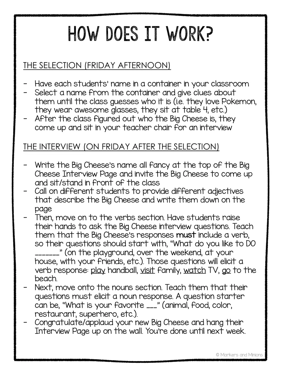 Teacher directions for Friday student selection and interviews gathering adjectives, verbs, and favorite nouns