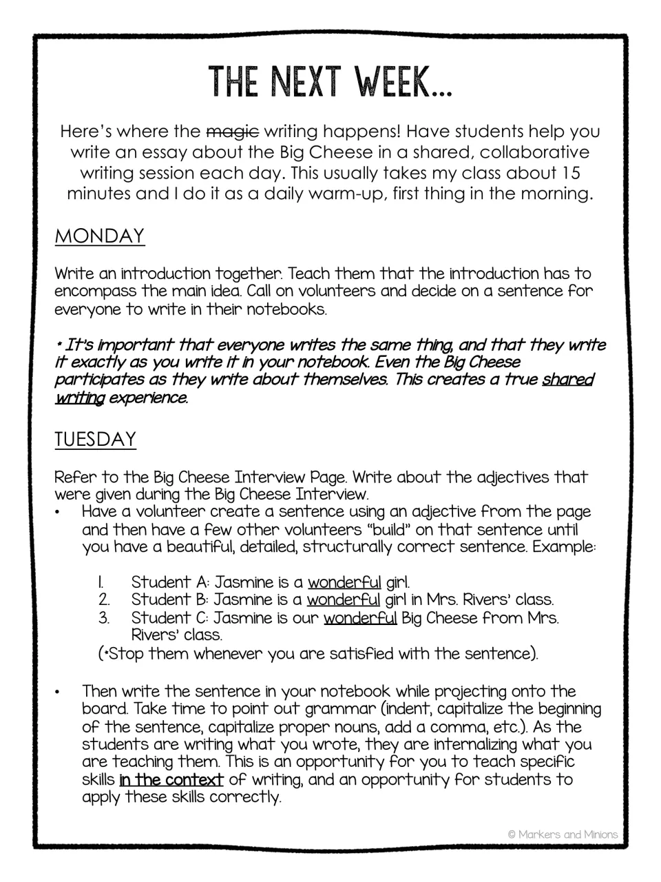 Shared writing directions for Monday introductions and Tuesday adjective sentences, with examples about Jasmine