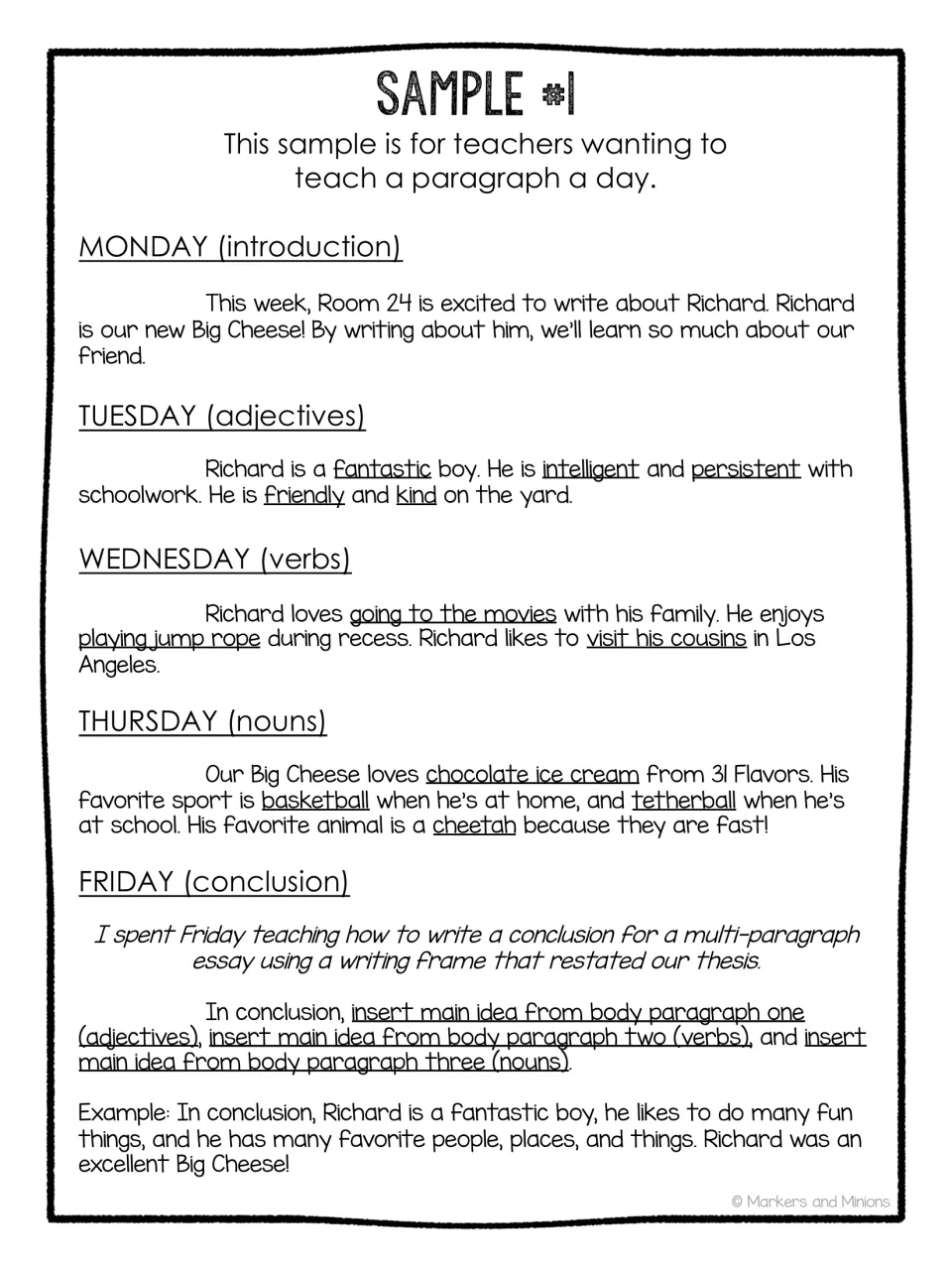 Paragraph-a-day writing model about Richard, covering an introduction, adjectives, verbs, nouns, and conclusion