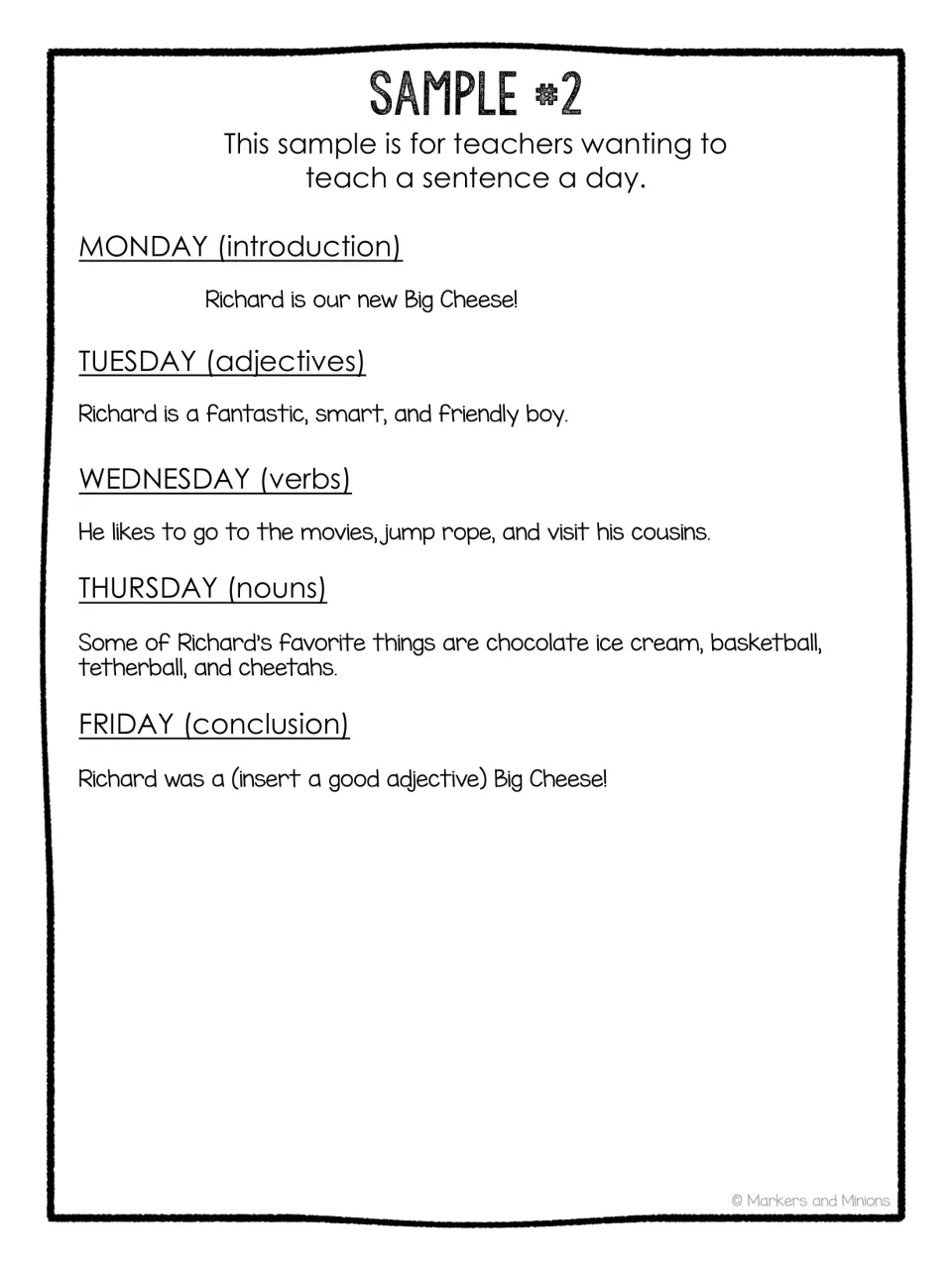 Sentence-a-day writing model about Richard, from Monday's introduction to Friday's fill-in adjective conclusion