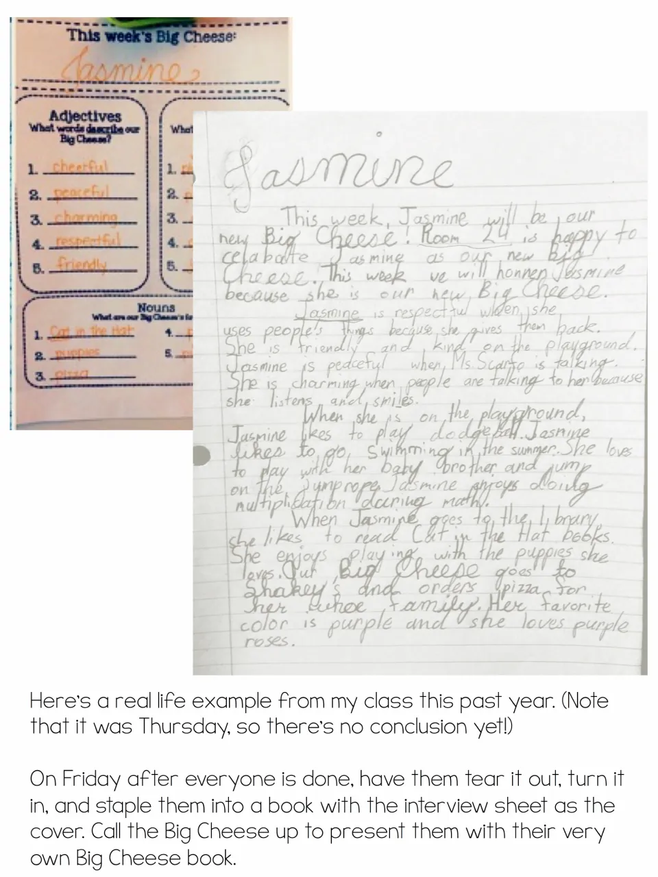 Student writing sample about Jasmine beside her interview sheet, with directions for making a keepsake book