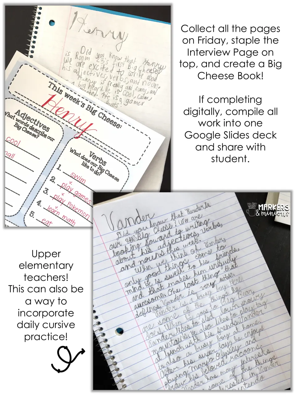 Student writing samples about Henry and Vander, with directions for a paper book or a shared Google Slides deck
