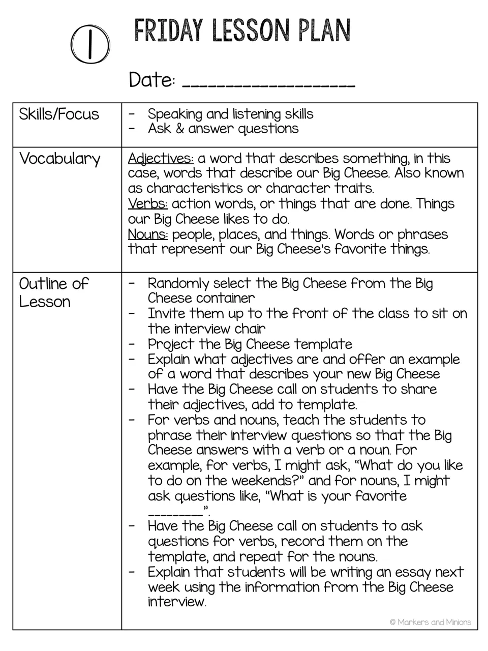 Friday interview lesson plan covering speaking, listening, questions, and adjective, verb, and noun vocabulary