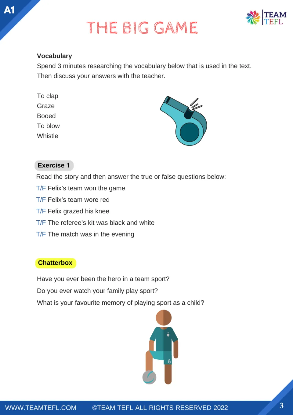 Football story tasks: students research five words like graze and whistle, answer true/false items, discuss sport memories