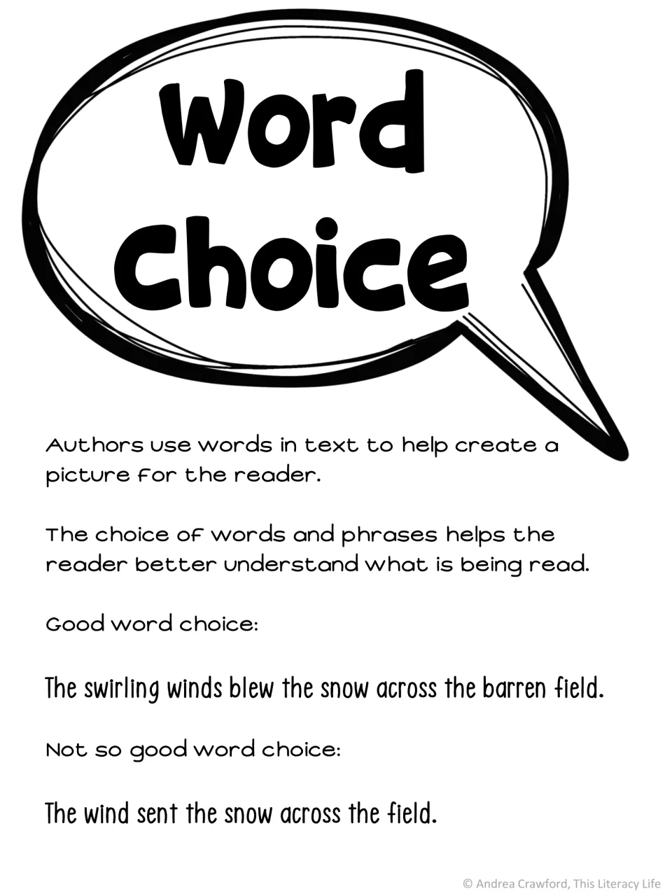 Word choice anchor chart defining how authors' words create a picture, with a good and a not-so-good sentence about snow