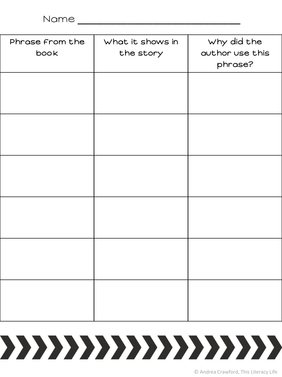 Blank phrase chart: students record phrases from any book, what each shows in the story and why the author used it