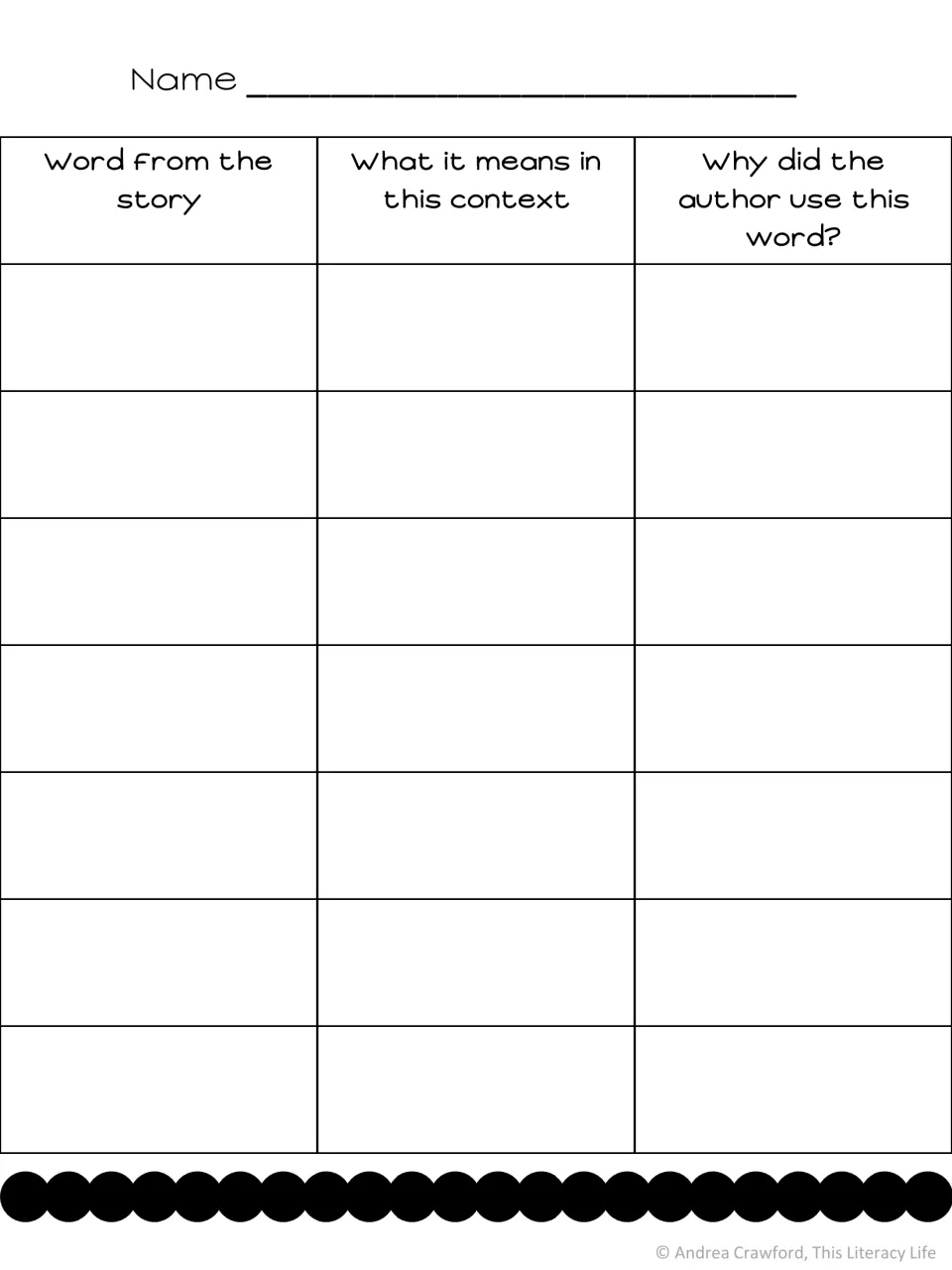 Blank word chart: students list words from a story, explain the meaning in context and why the author chose each word