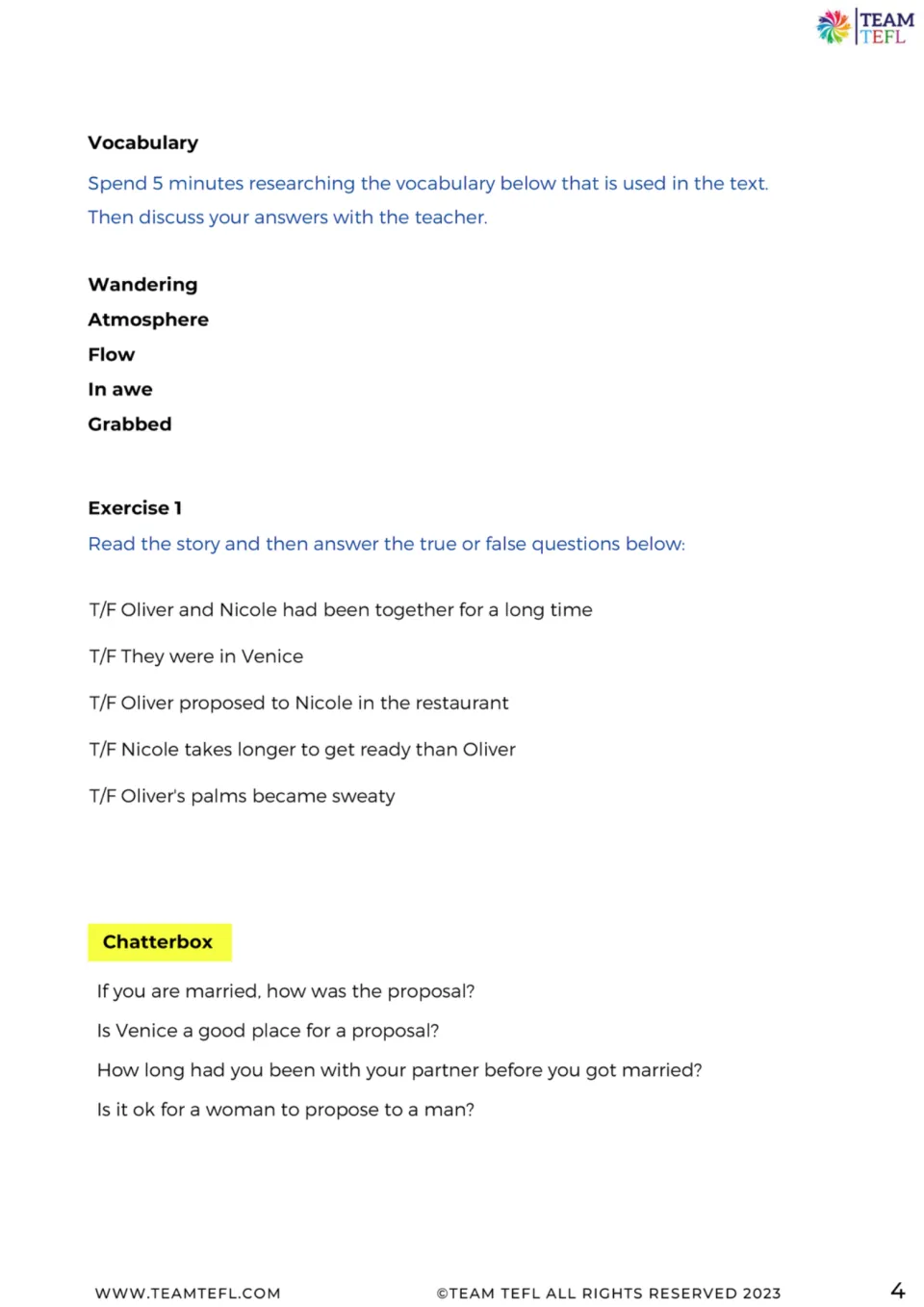 Follow-up activities: five vocabulary terms, five true-or-false statements, and four discussion questions.