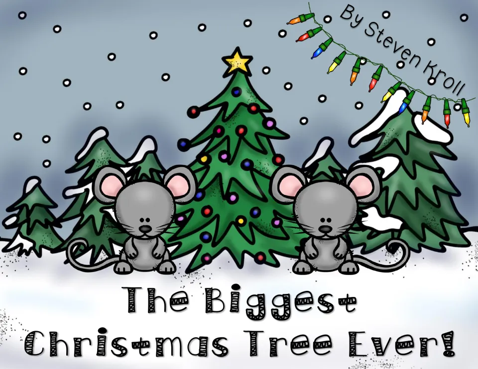 Cover of The Biggest Christmas Tree Ever reading packet, showing two mice beside a decorated Christmas tree