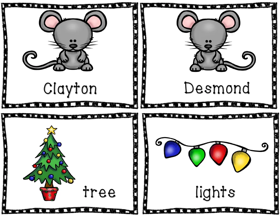 Picture vocabulary cards 1–4 in the reading packet: Clayton, Desmond, tree, and lights, each illustrated