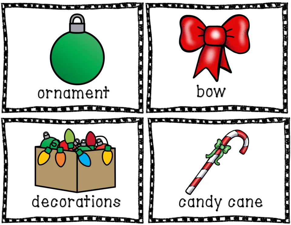 Picture vocabulary cards 5–8 in the reading packet: ornament, bow, decorations, and candy cane, with pictures